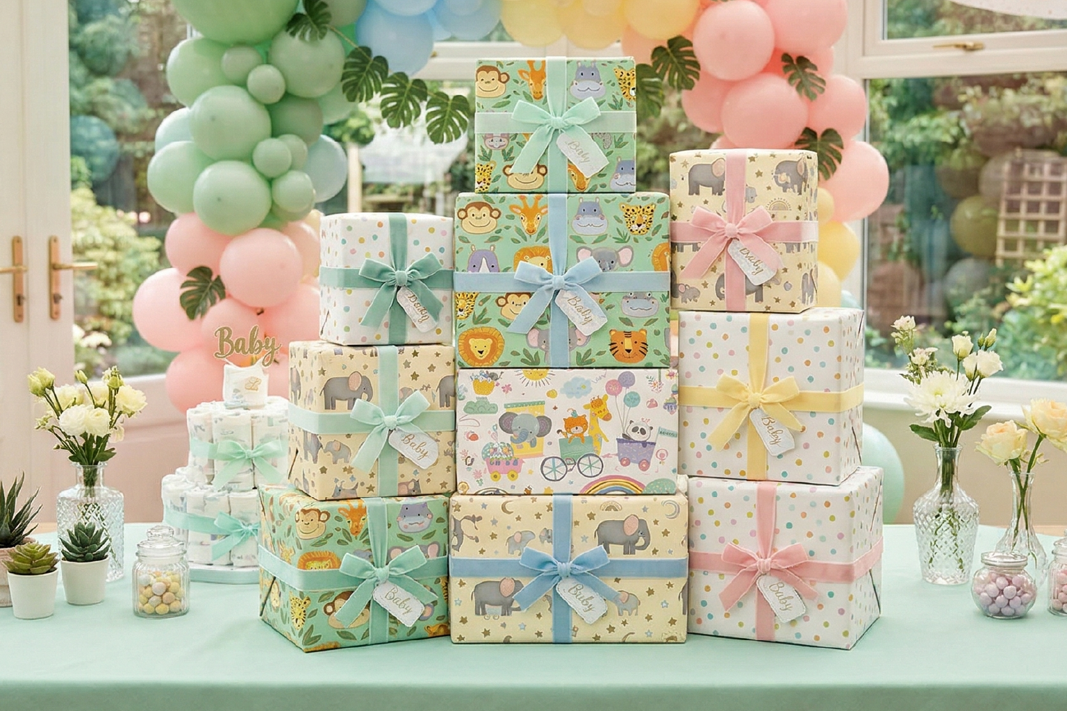 Display of gifts wrapped in baby gift wrap